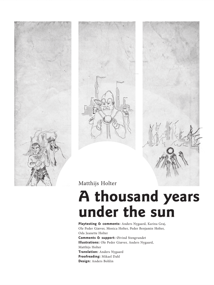 A Thousand Years Under the Sun RPG cover with triptych illustration of civilizations rising and falling